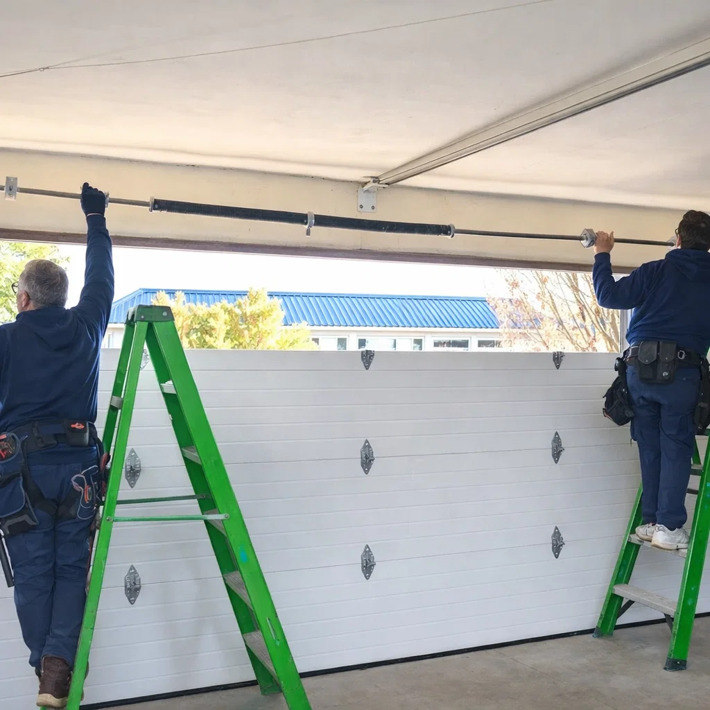 Technician installing garage door